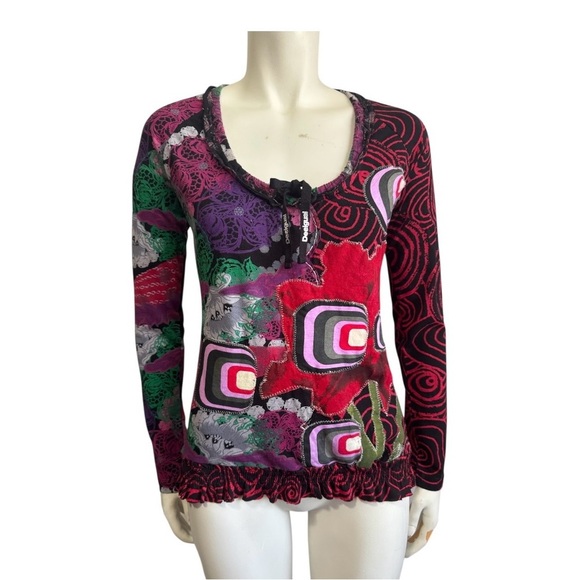 Y2K Dream DESIGUAL Colorful Abstract Embroidered Metallic Women's Top Medium - Picture 1 of 13